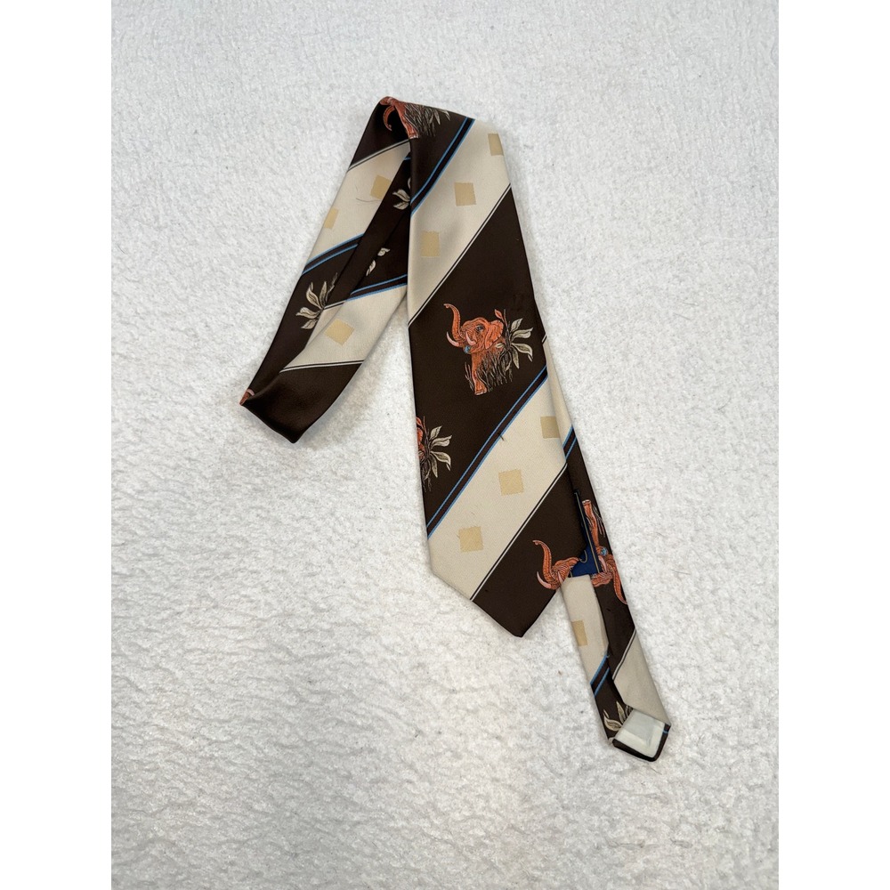 Vintage Clay Poole The Hecht Co Brown Cream Elephant Stripe Silk Necktie 4 Inch